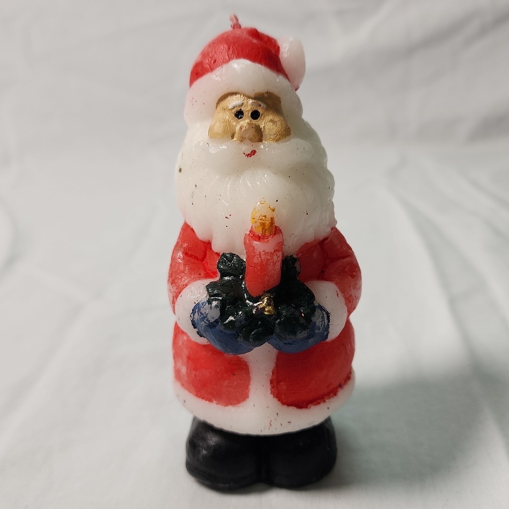 Vintage 1970s Wax Santa Claus Figural Candle, Holding Miniature Candle 5" Unlit